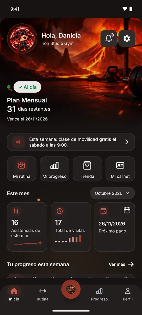 Inicio de la app con el avatar Pro Dragón: tema oscuro con fondo de lava y detalles rojos