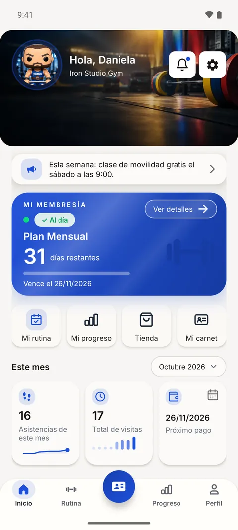 Inicio de la app con el avatar gratis Ecuador: cabecera y membresía en azul
