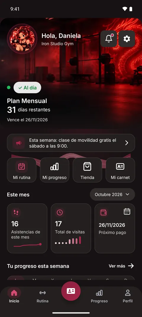 Inicio de la app con el avatar Pro Roja: tema oscuro en rojo con la cabecera del gimnasio