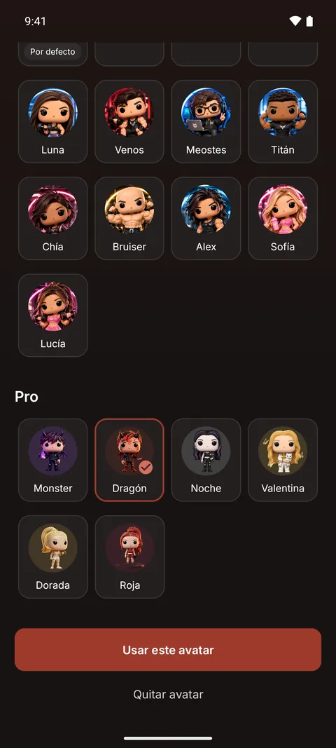 Selector de avatares de la app: la lista de avatares gratis y la de avatares Pro, con Dragón elegido y el botón Usar este avatar