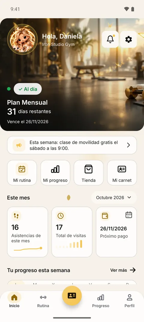 Inicio de la app con el avatar Pro Valentina: tema claro con acentos dorados