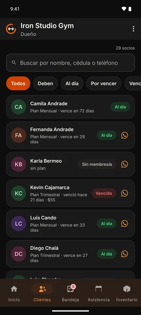 Lista de socios del modo dueño en modo oscuro