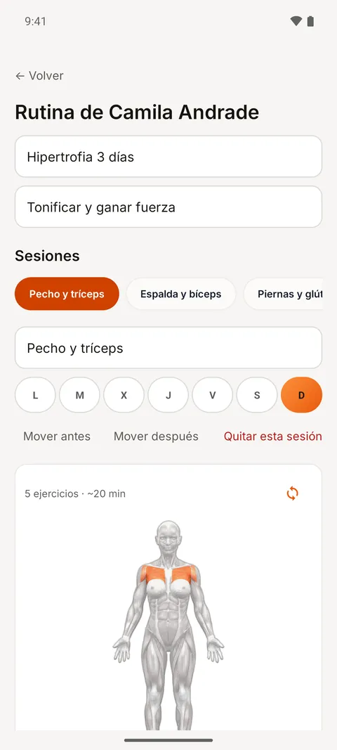 Armador de rutinas con las sesiones Pecho y tríceps, Espalda y bíceps y Piernas y glúteos, sus días y el mapa muscular