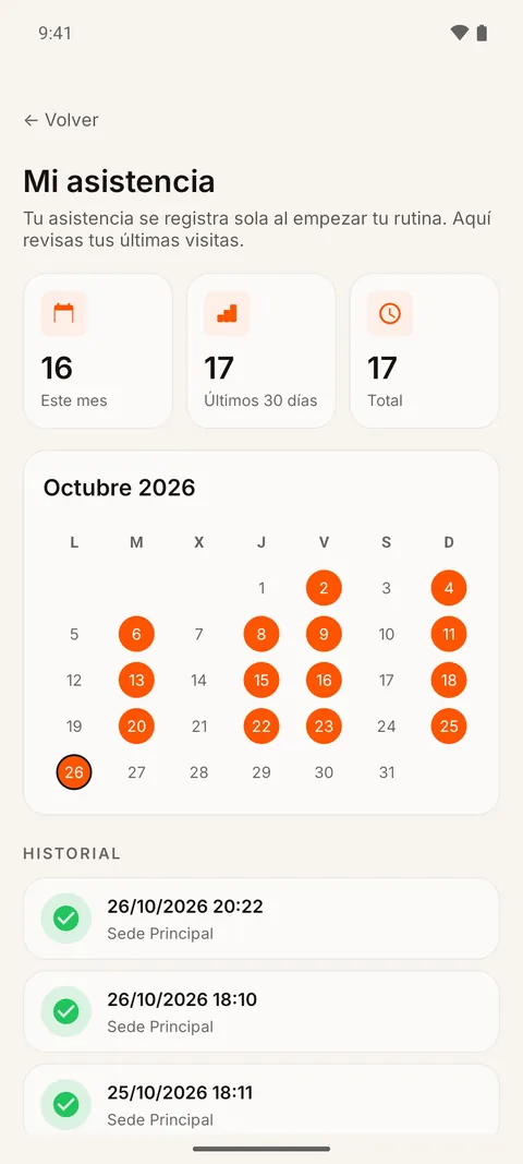 App del socio en Mitic: Mi asistencia con 16 visitas este mes, 17 en 30 días, 17 en total, el calendario de octubre y el historial