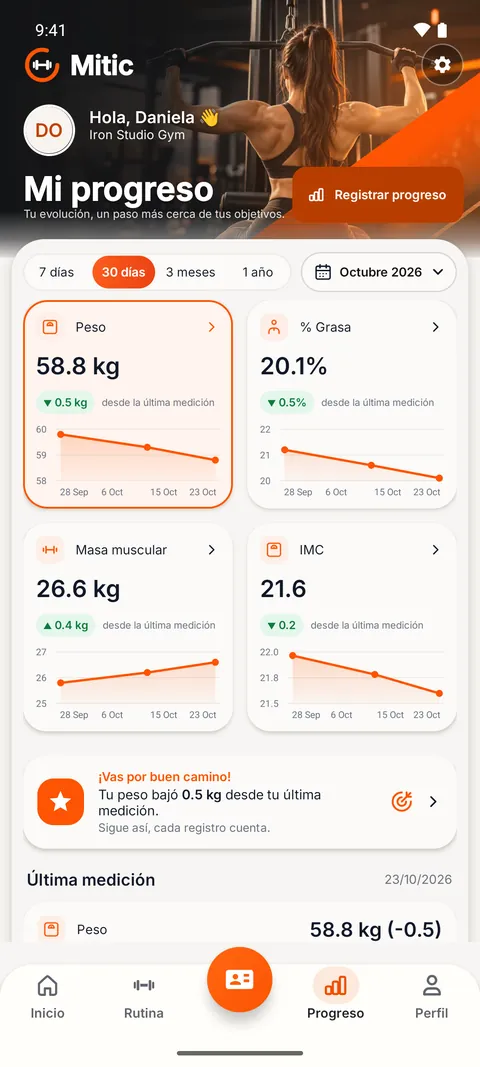 App del socio en Mitic: Mi progreso con peso 58,8 kg, grasa 20,1 %, masa muscular 26,6 kg e IMC 21,6 y su variación