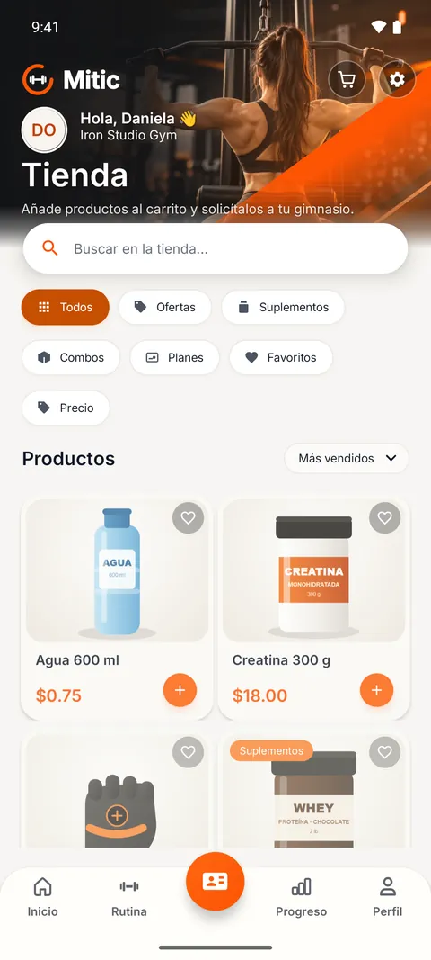 App del socio en Mitic: tienda del gimnasio con buscador, filtros de ofertas, suplementos y planes, y productos con precio y botón para añadir