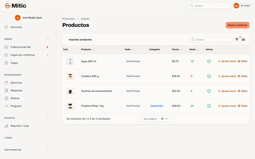 Inventario de productos con precio y stock