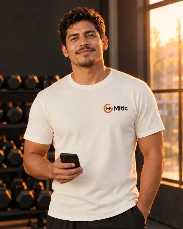 Dueño de un gimnasio con una camiseta con el logo de Mitic y el celular en la mano, en la sala de pesas de su gym