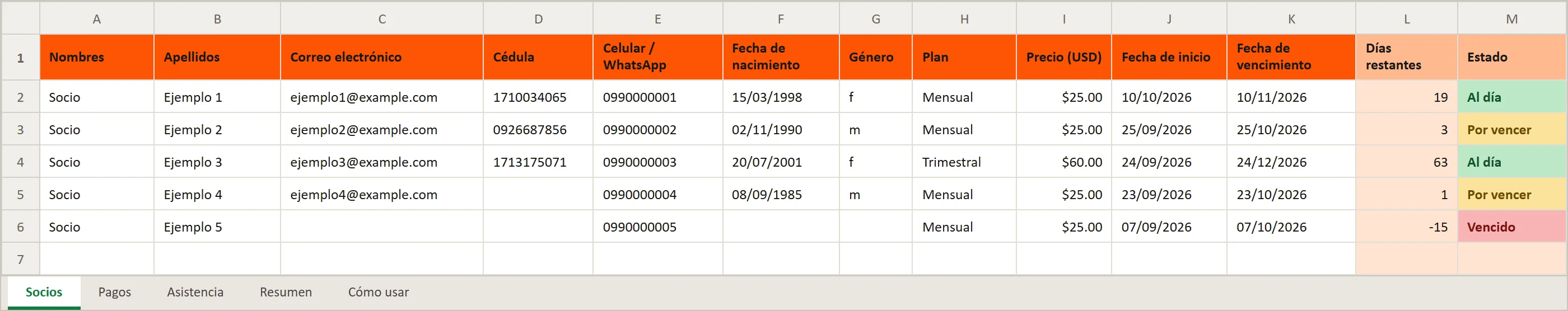 Hoja Socios de la plantilla de Excel con cinco socios de ejemplo y las columnas Días restantes y Estado, en verde, amarillo y rojo