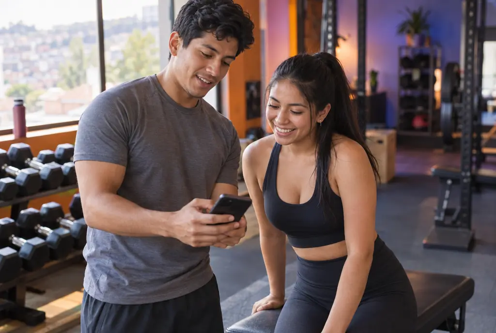 Entrenador mostrando algo en su celular a una socia dentro del gimnasio