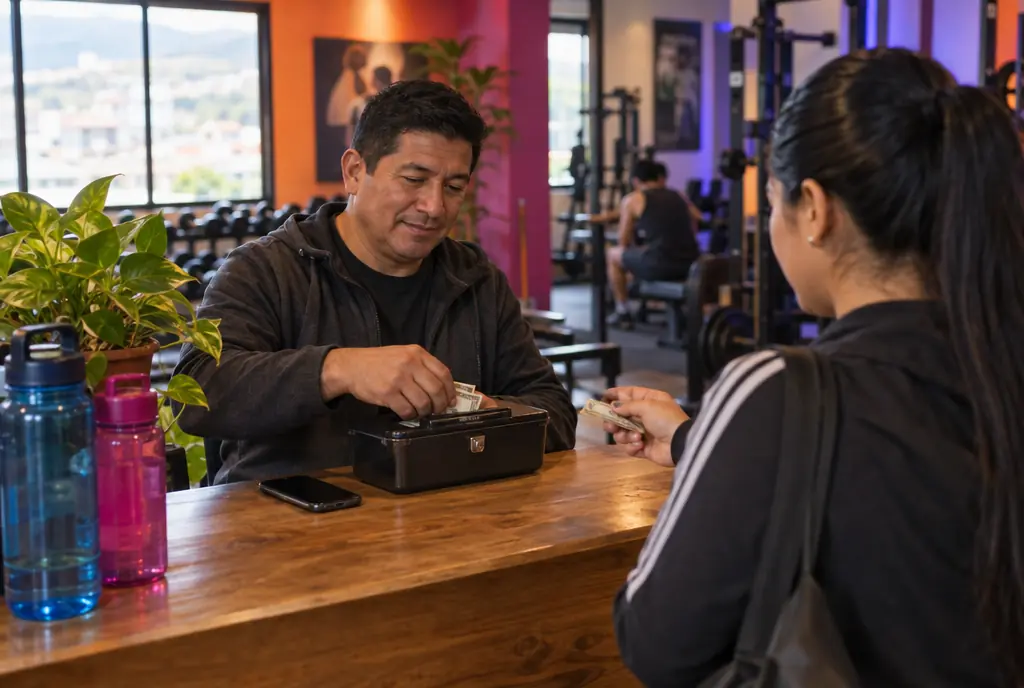 Mostrador de un gimnasio con caja y celular mientras una socia paga en efectivo
